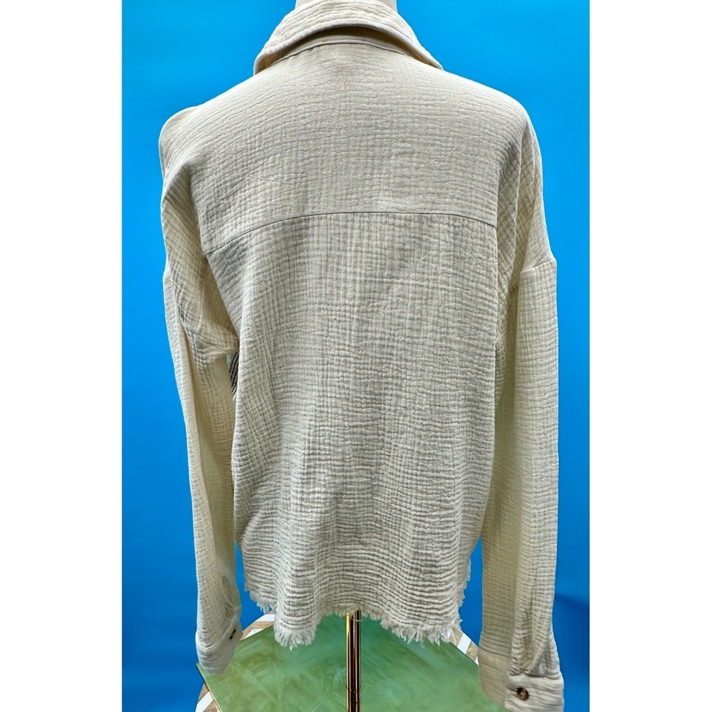 Hem & Thread Cream Cotton Gauze Frayed Hem Button Down Shirt Womens Lg Lagenlook - Picture 11 of 16